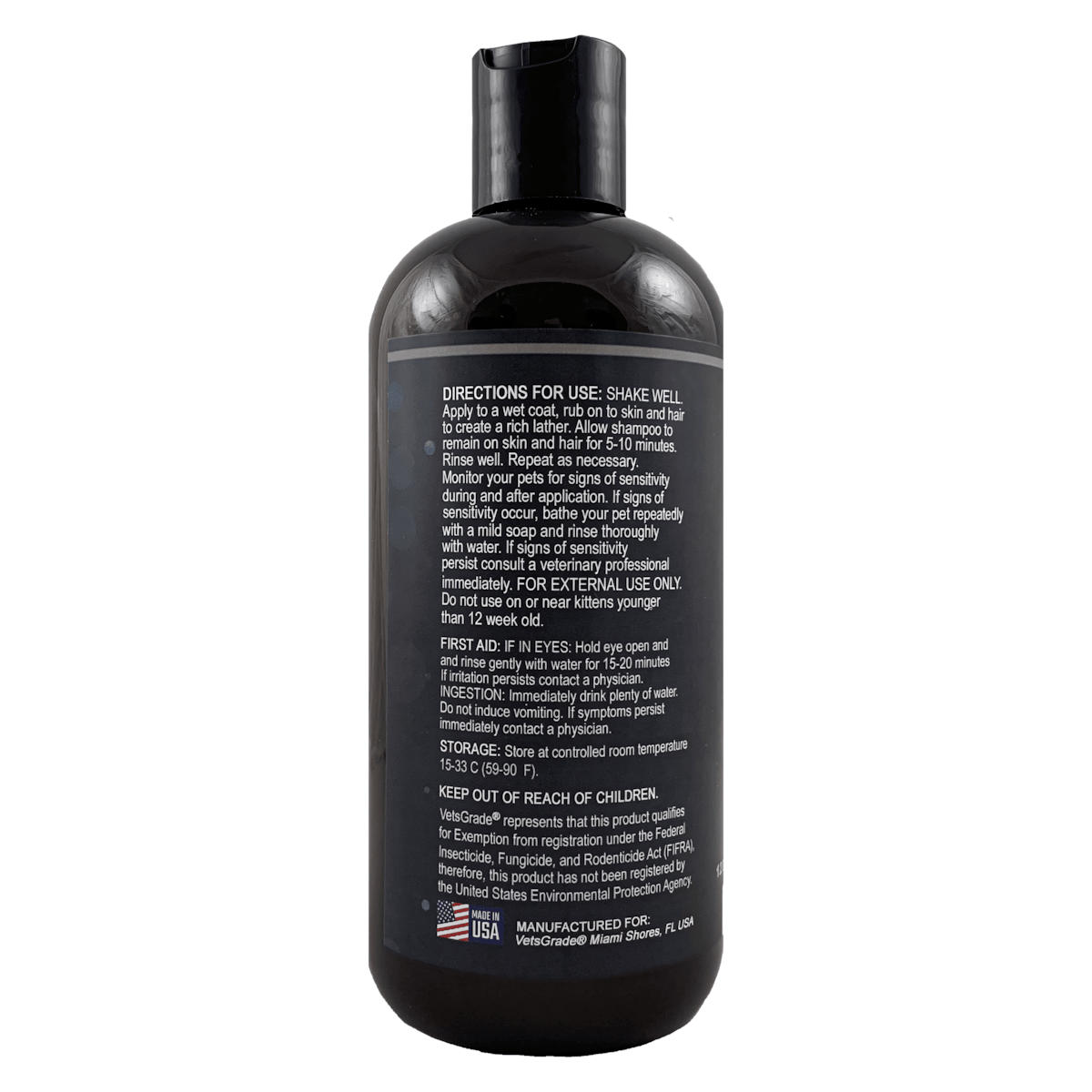 VetsGrade Derminol Advanced pet shampoo back label with usage directions ingredient list and storage.