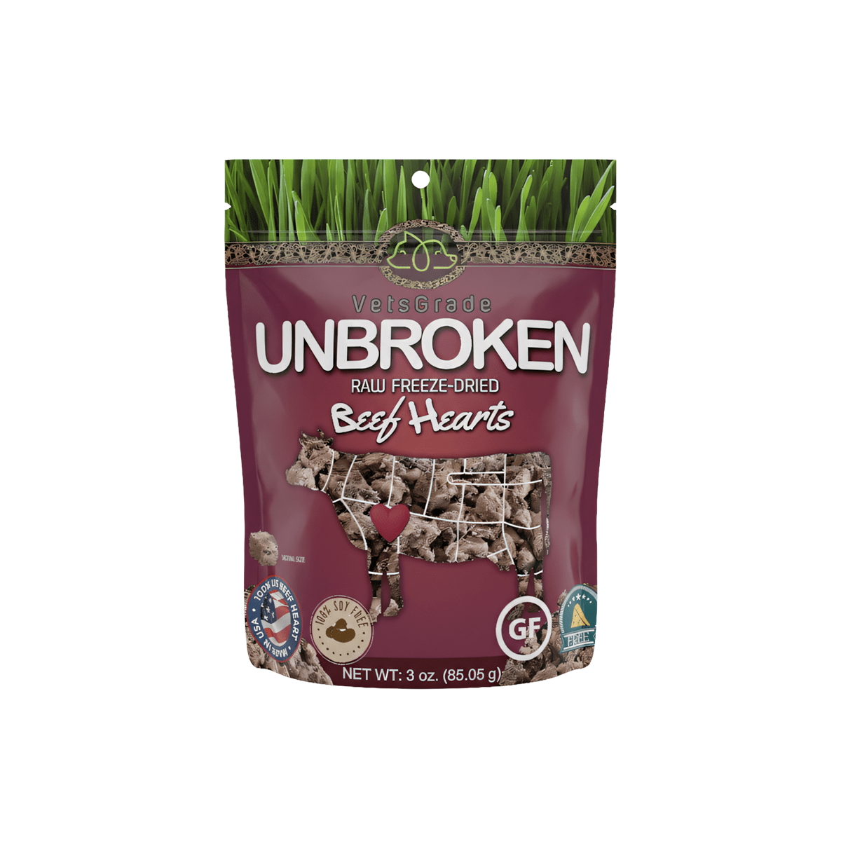 VetsGrade Unbroken Raw Freeze-Dried Beef Hearts 3oz. Nutrient dense, single ingredient, high protein. Great for sensitivity issues and weening diets.