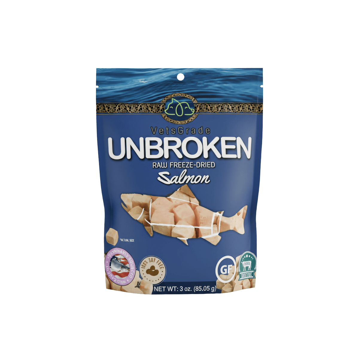 VetsGrade Unbroken Raw Freeze-Dried Wild-Caught Salmon 3oz treats and toppers. Nutrient dense, single ingredient, high protein. Great for sensitivity issues and chicken and beef elimination diets.