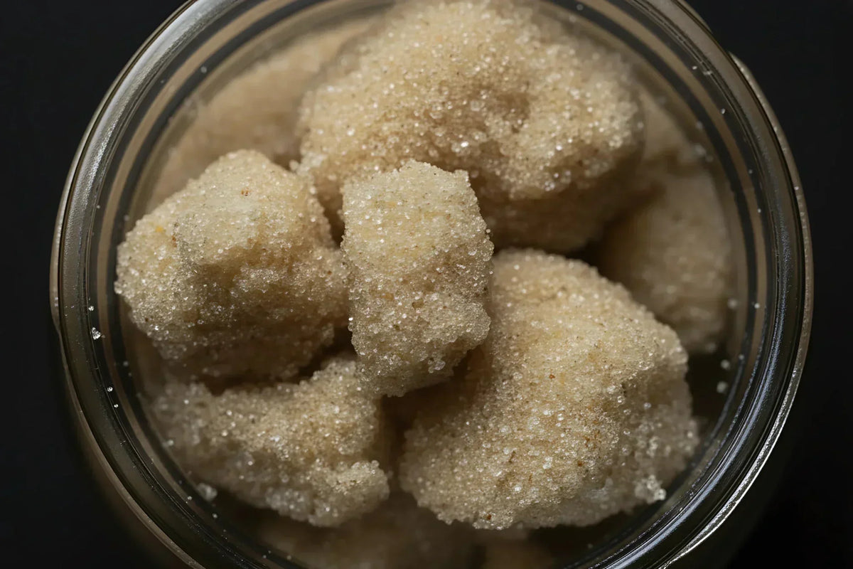 Glass jar filled with dry sifted cannabis trichome heads showing granular white crystalline texture illustrating isolated trichome starting material for solventless rosin pressing.