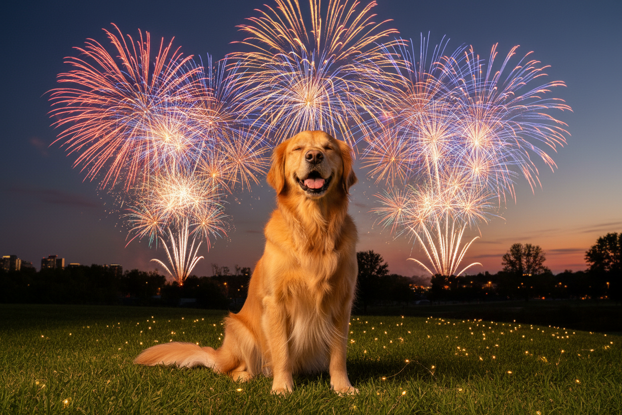 Calm dog during fireworks with CBD - VetsGrade natural anxiety relief for July 4th