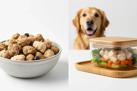 Freeze-dried and fresh dog food comparison showing premium dog food formats side by side with healthy golden retriever