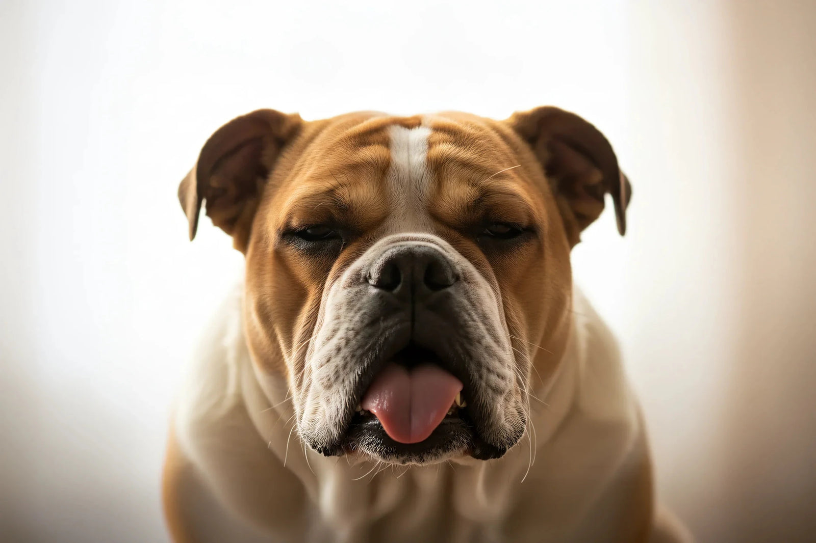 English Bulldog with relaxed expression and tongue out against soft white background — VetsGrade CBD safety research for dogs