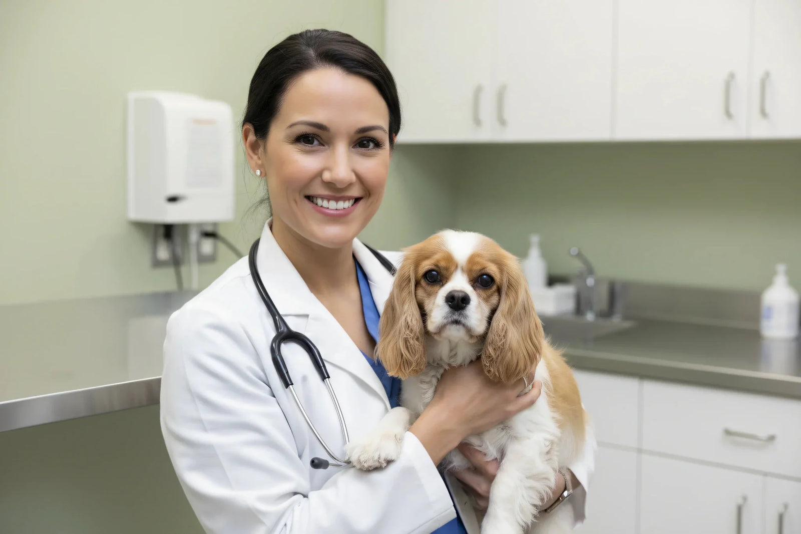 Veterinarian holding small dog vet-recommended CBD professional trust expertise