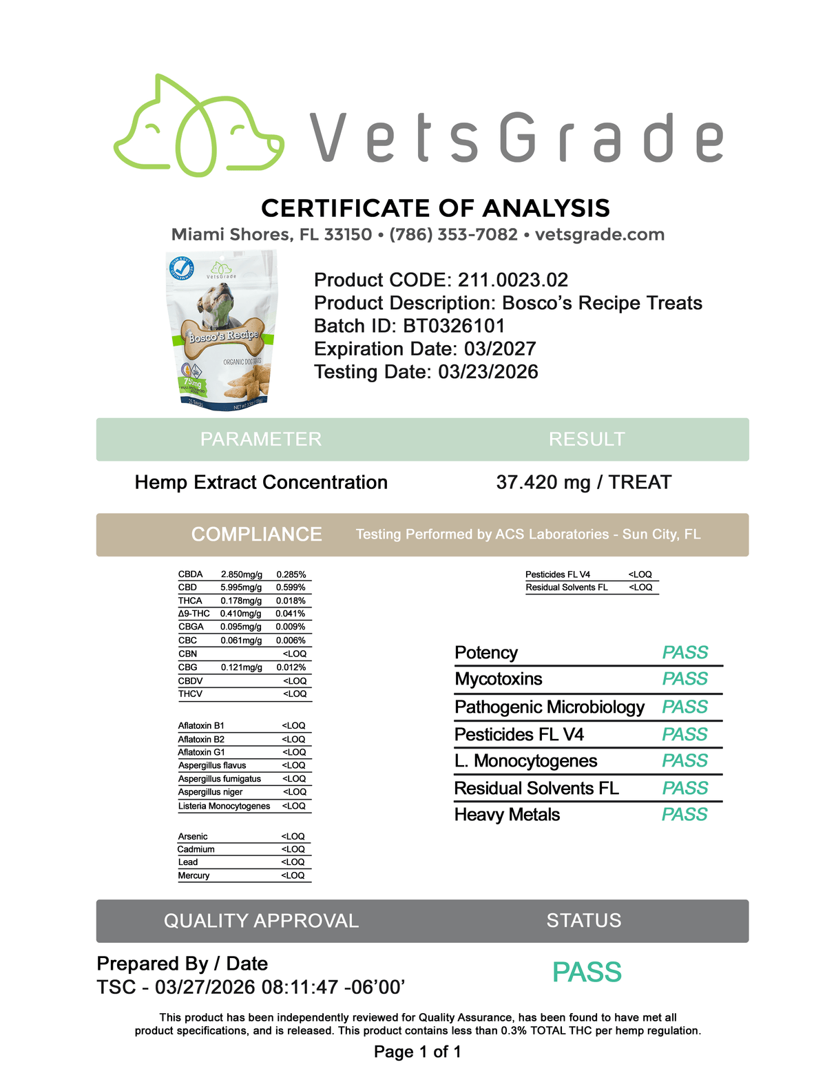 VetsGrade Bosco's Recipe Treats Summary Certificate of Analysis - BT0326101